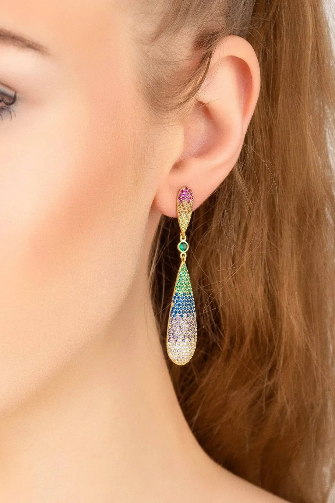Latelita long drop earrings with rainbow pavé and gold-tone setting