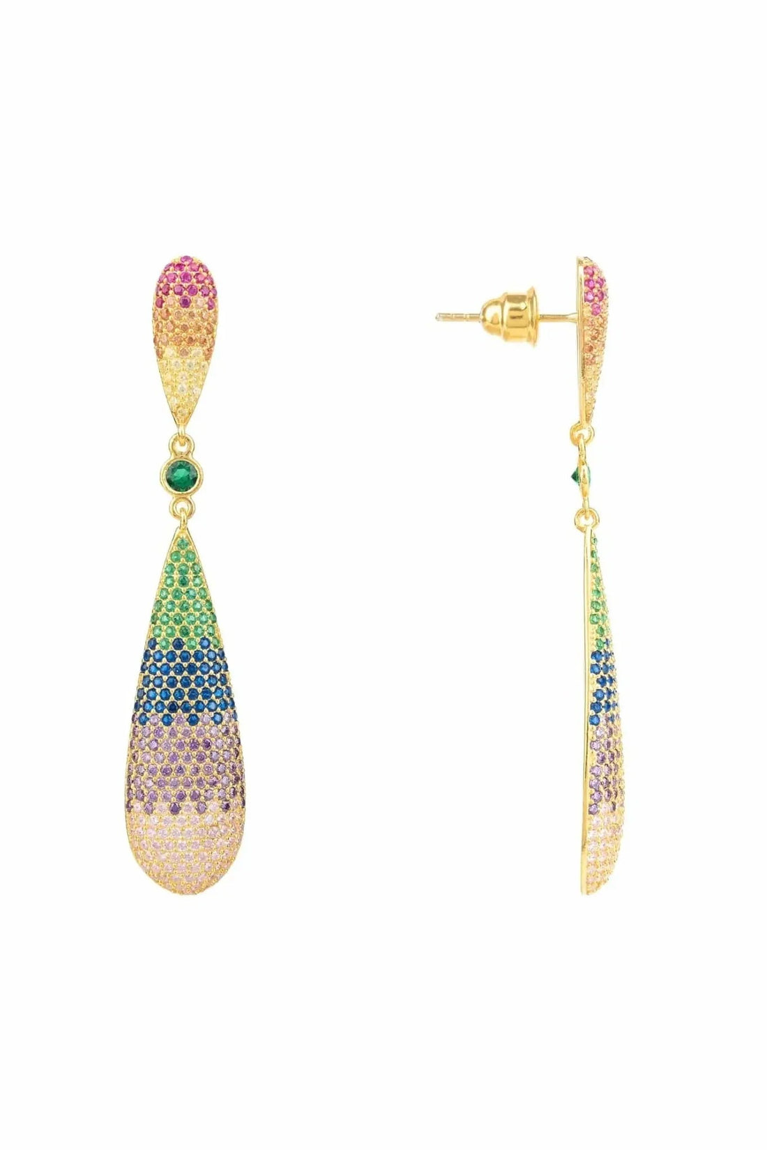 Latelita long drop earrings with rainbow crystal teardrops and gold setting