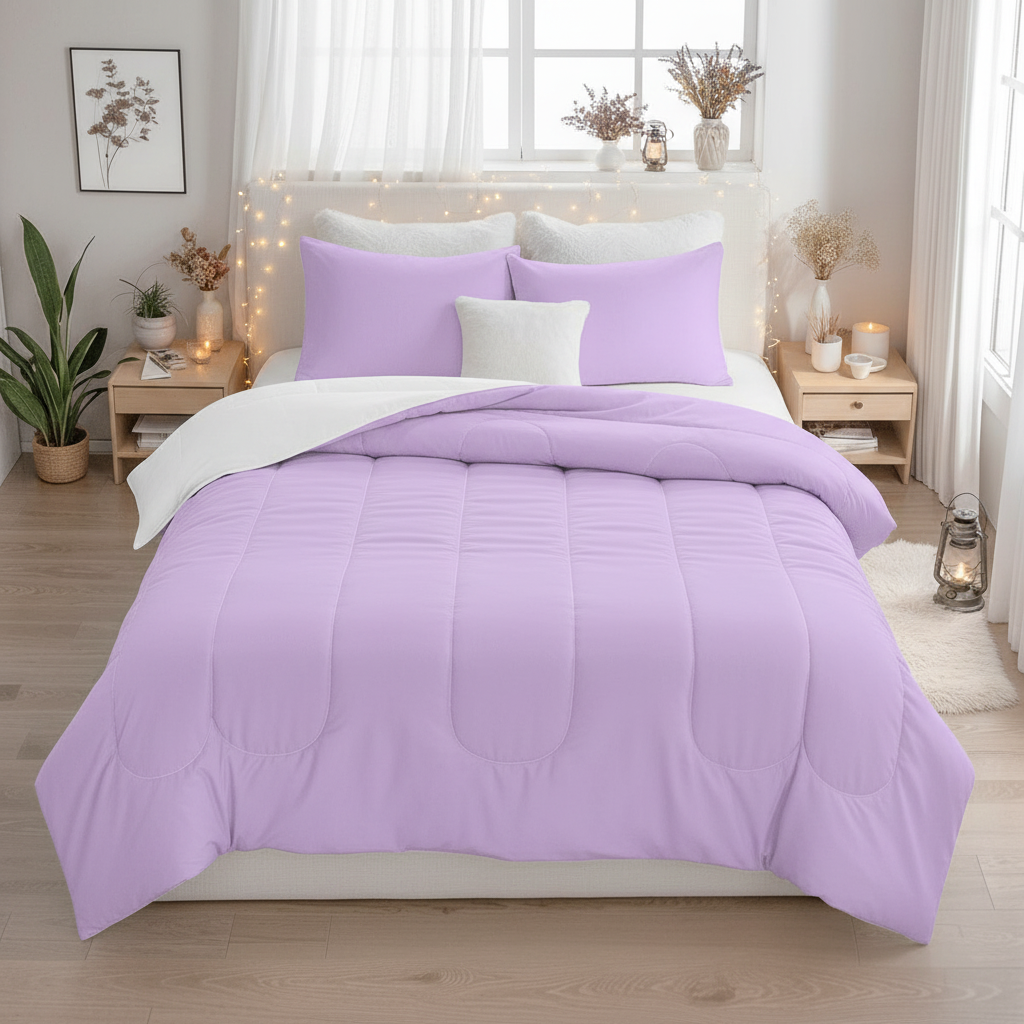 Queen comforter set in pastel lavender with quilted channels and matching pillow shams
