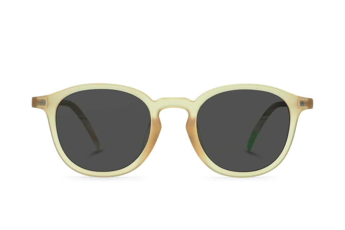 Beige bamboo sunglasses with dark round lenses, keyhole bridge