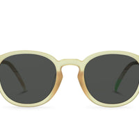 Beige bamboo sunglasses with dark round lenses, keyhole bridge