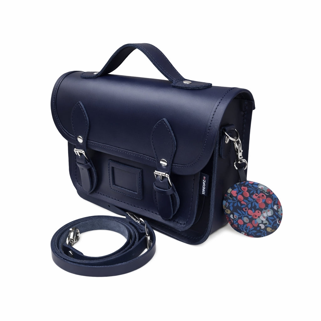 Floral Lined Leather Midi Satchel - Navy-4