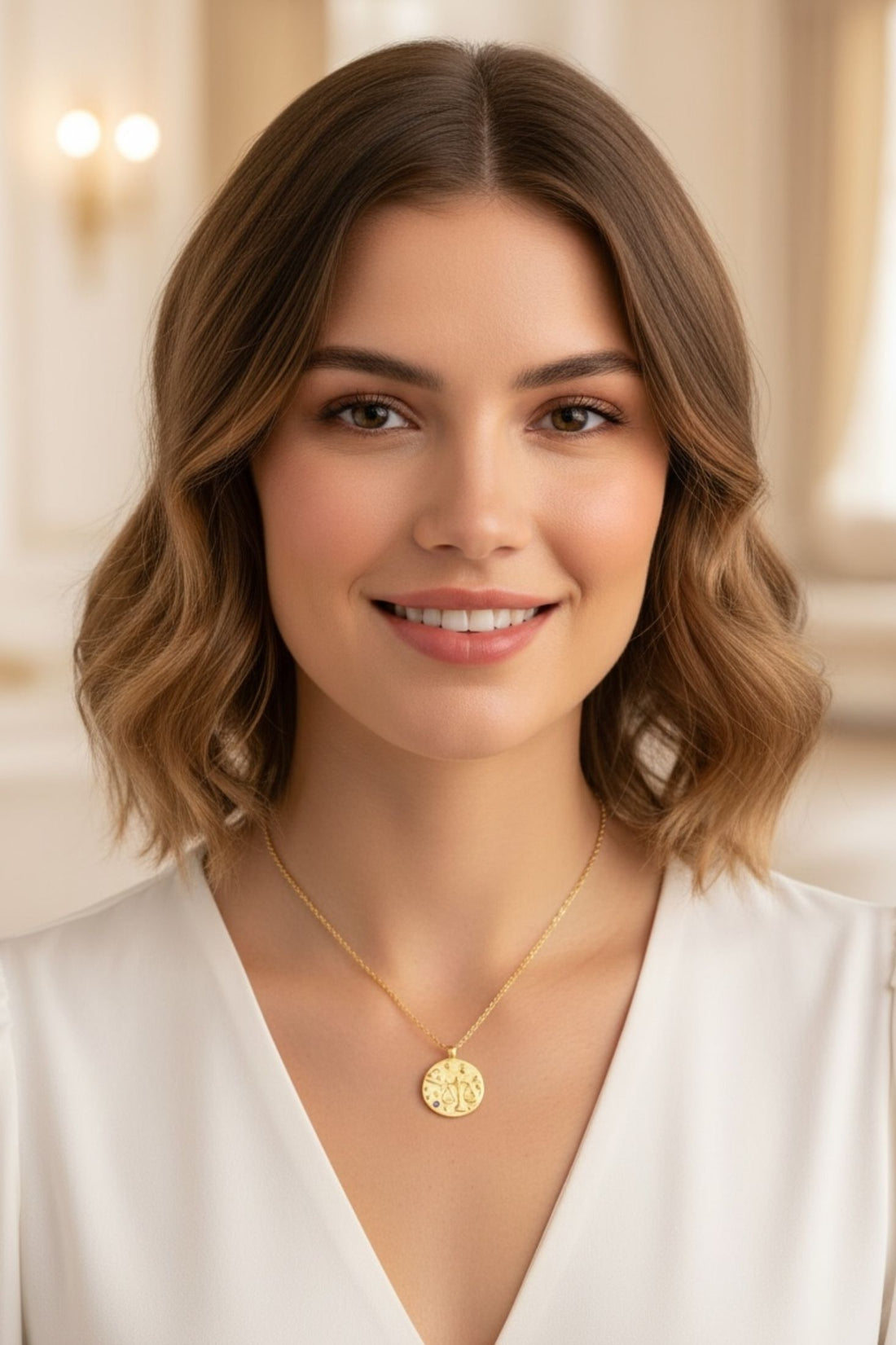 Gold zodiac talisman necklace with round Libra pendant and blue crystal, worn on neckline