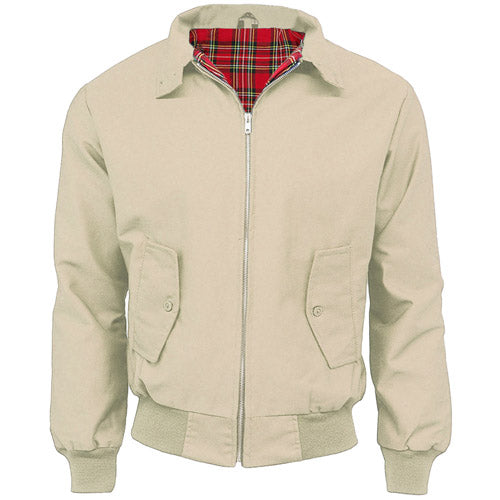 Beige Harrington jacket with red tartan lining, zip front, and buttoned flap pockets