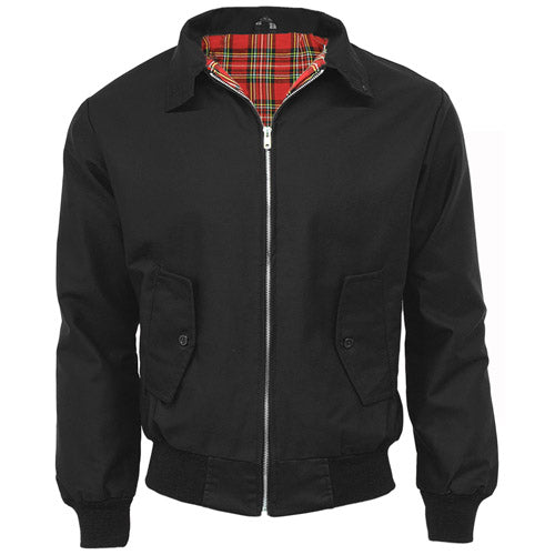 Black Harrington jacket with red tartan lining, zip front, and buttoned flap pockets