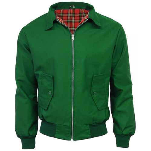 Bottle green Harrington jacket with red tartan lining, zip front, and buttoned flap pockets