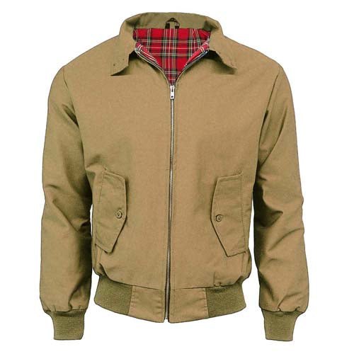 Camel Harrington jacket with red tartan lining, zip front, and buttoned flap pockets