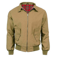 Camel Harrington jacket with red tartan lining, zip front, and buttoned flap pockets