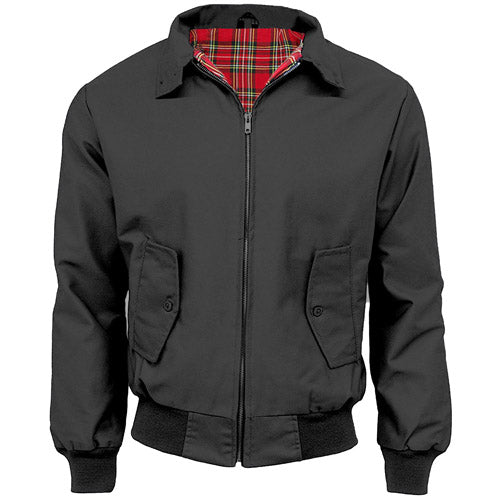 Black Harrington jacket with red tartan lining, zip front, and flap pockets