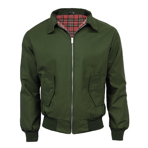 Olive Harrington jacket with red tartan lining, zip front, and flap pockets
