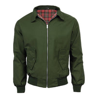 Olive Harrington jacket with red tartan lining, zip front, and flap pockets