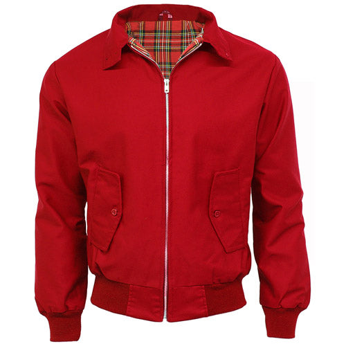 Red Harrington jacket with tartan lining, zip front, and flap pockets