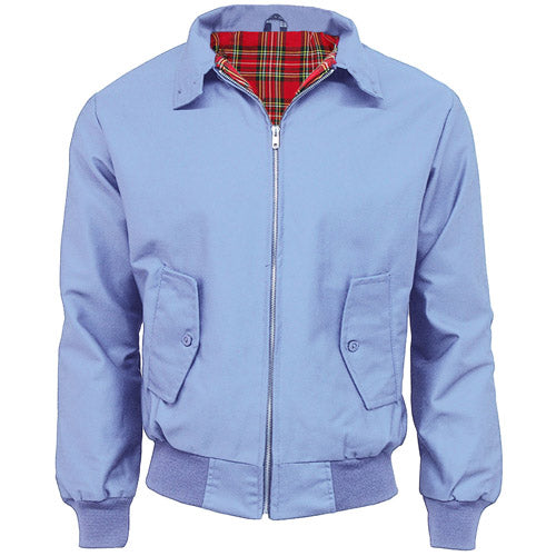 Sky blue Harrington jacket with red tartan lining, zip front, and buttoned flap pockets