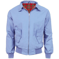 Sky blue Harrington jacket with red tartan lining, zip front, and buttoned flap pockets