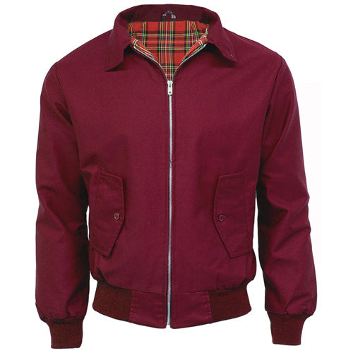 Wine Harrington jacket with red tartan lining, zip front, and buttoned flap pockets