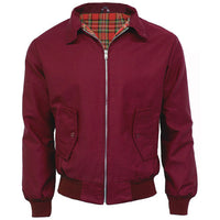 Wine Harrington jacket with red tartan lining, zip front, and buttoned flap pockets