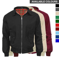 Harrington jacket assortment in black, beige, and wine with red tartan lining and zip fronts