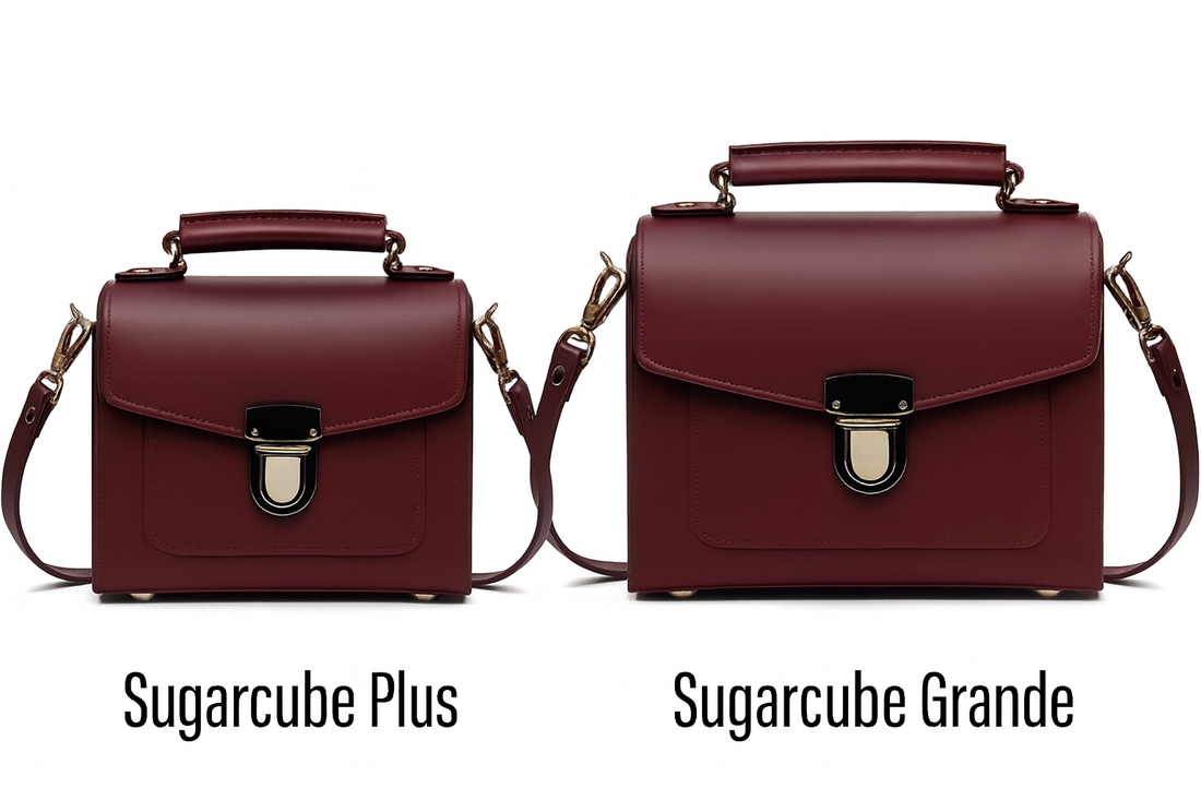 Pair of marsala leather satchel handbags with flap and front clasp, small and large