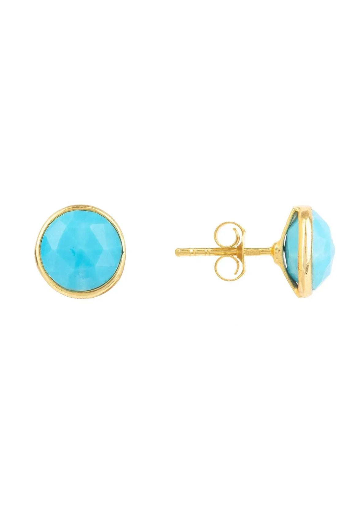 Gold stud earrings with round turquoise gemstone, side view