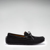 Side view of black suede laced driving loafer with a low-profile sole
