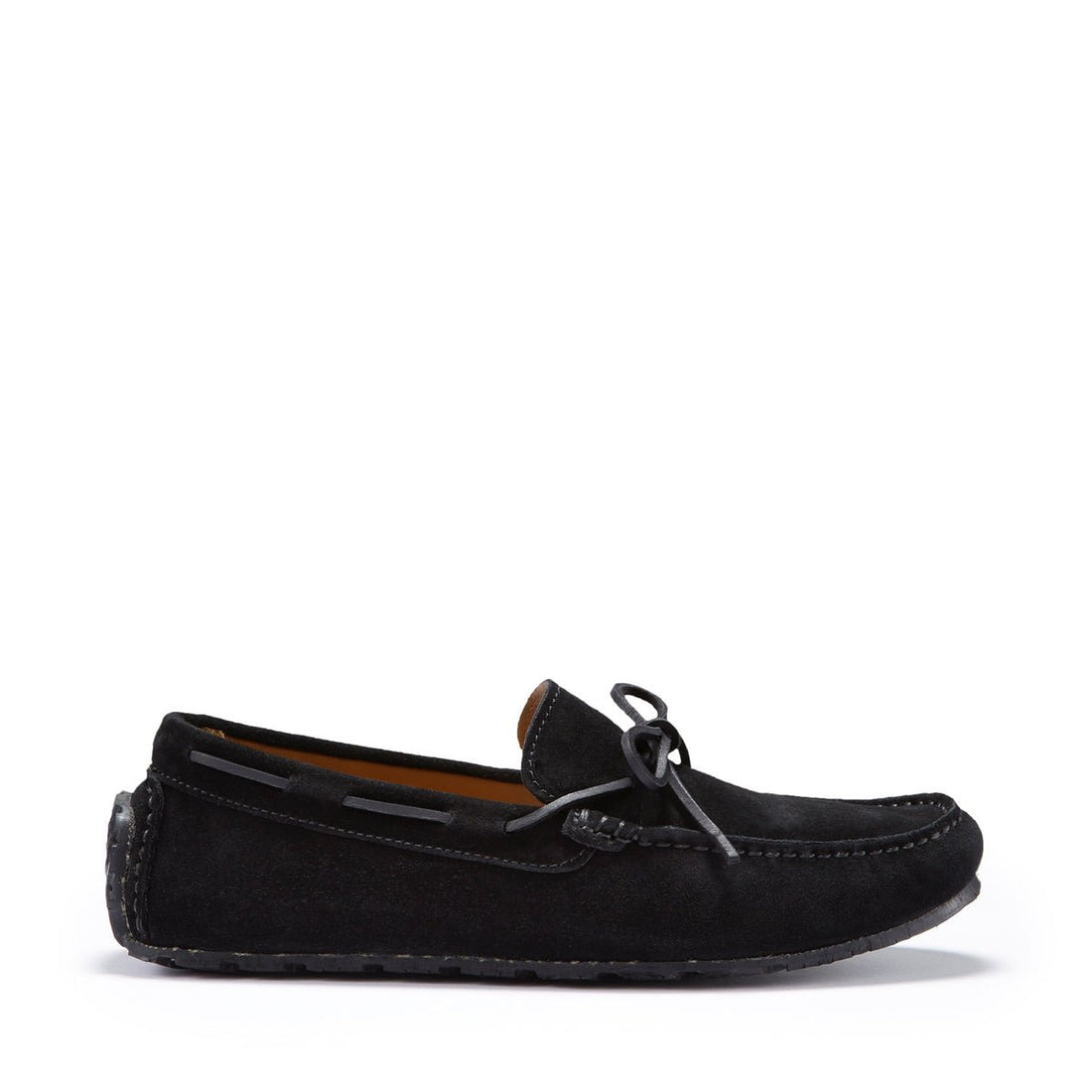 Black suede driving loafer with lace-up detail and moc toe stitching