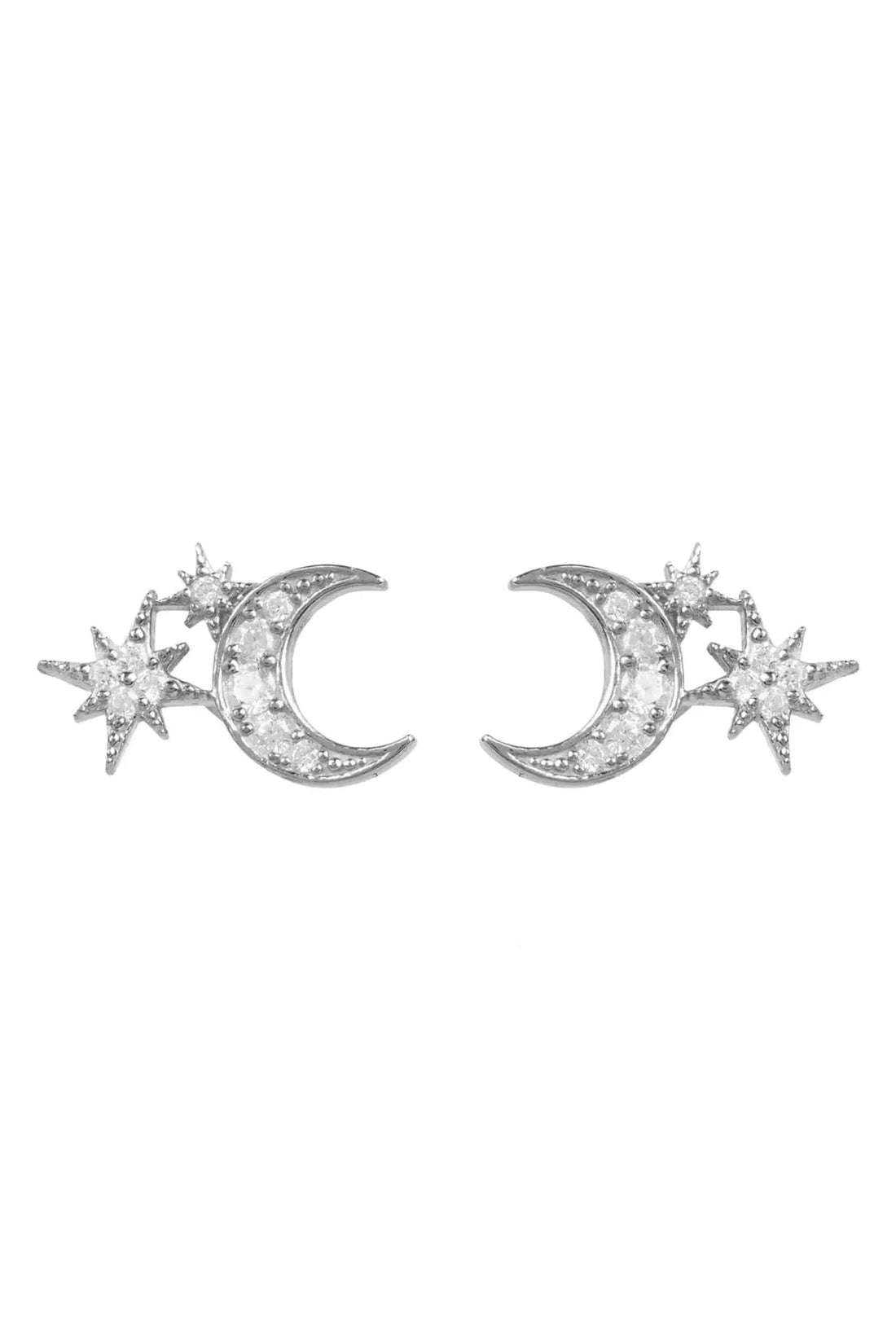 Silver moon and starburst mini earrings, crescent moon stud pair