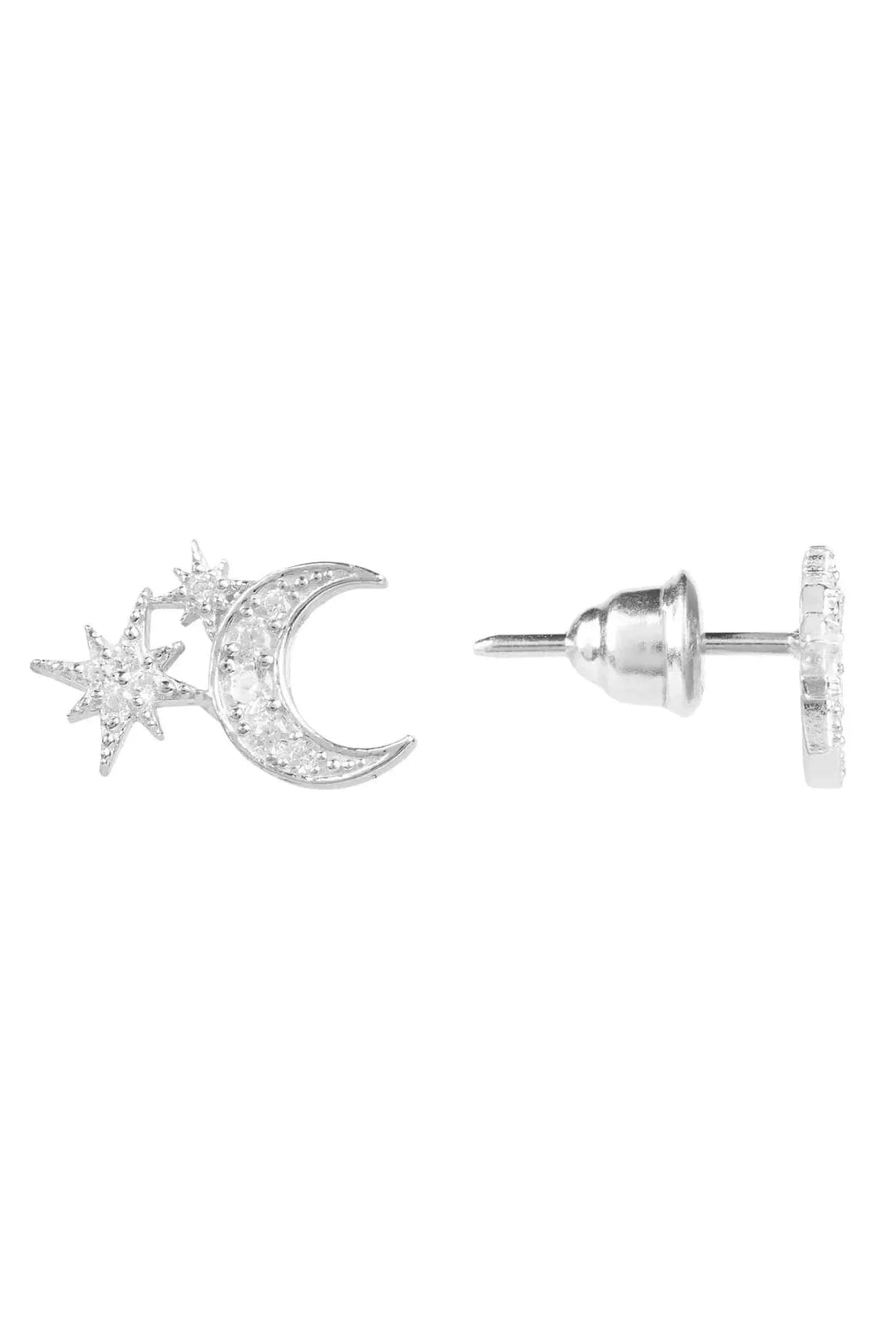 Silver mini moon and starburst stud earrings, with visible post back