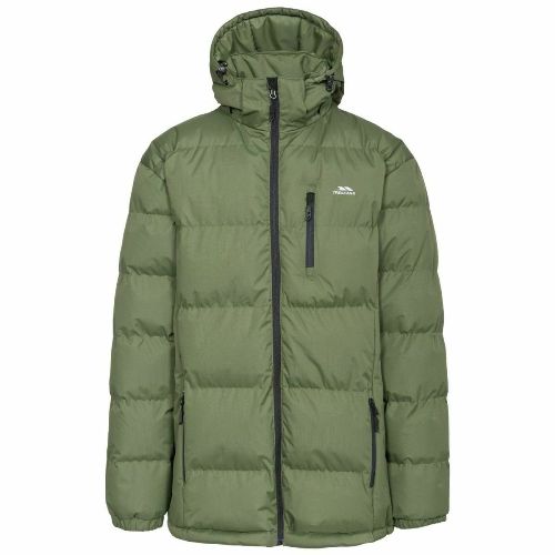 Trespass Clip green padded jacket with hood, front zip, and chest pocket