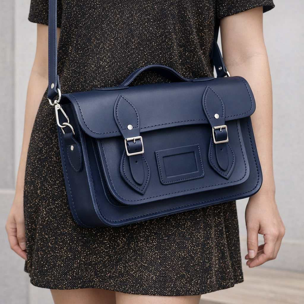 Leather School Satchel - Navy Blue-4