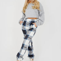 Navy and light-blue checked joggers with jogger cuffs and drawstring waist