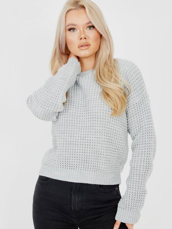 Womens light grey cropped fisherman knit jumper with crew neck and ribbed cuffs