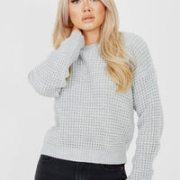 Womens light grey cropped fisherman knit jumper with crew neck and ribbed cuffs