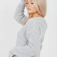 Womens light grey cropped fisherman jumper with crew neckline and ribbed cuffs
