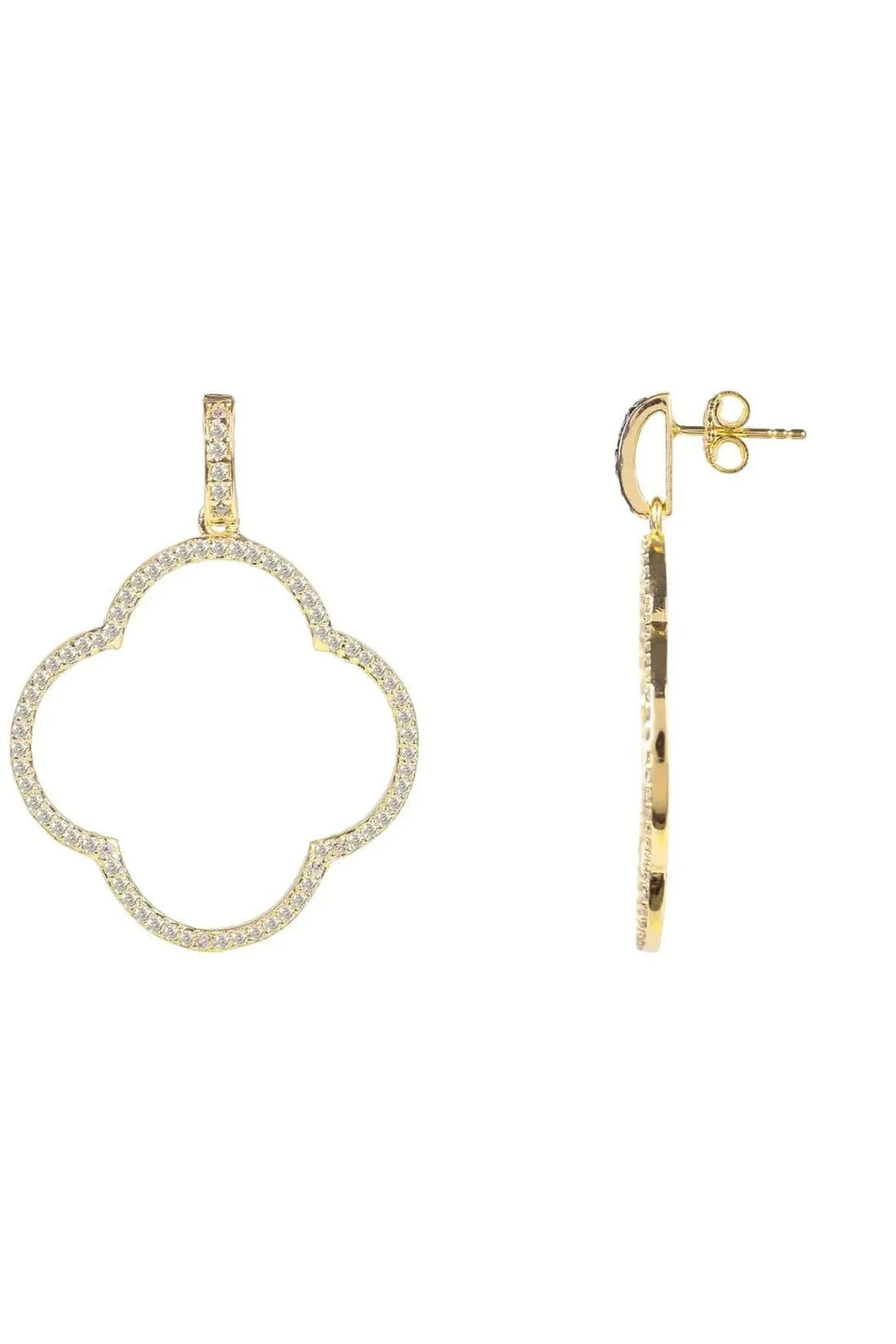 Open Clover Large Drop Earrings White Cz Gold-1