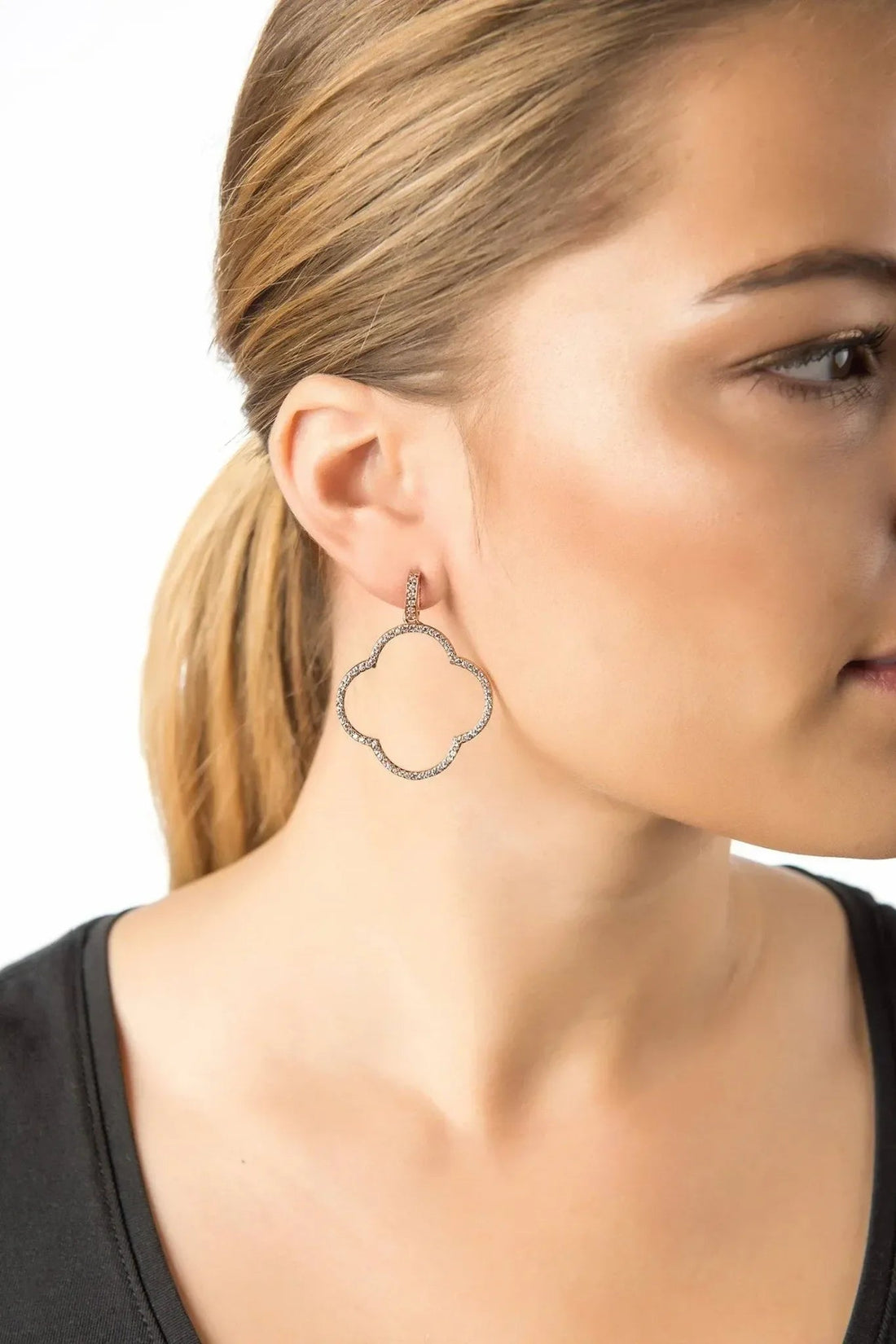 Open Clover Large Drop Earrings White Cz Gold-2