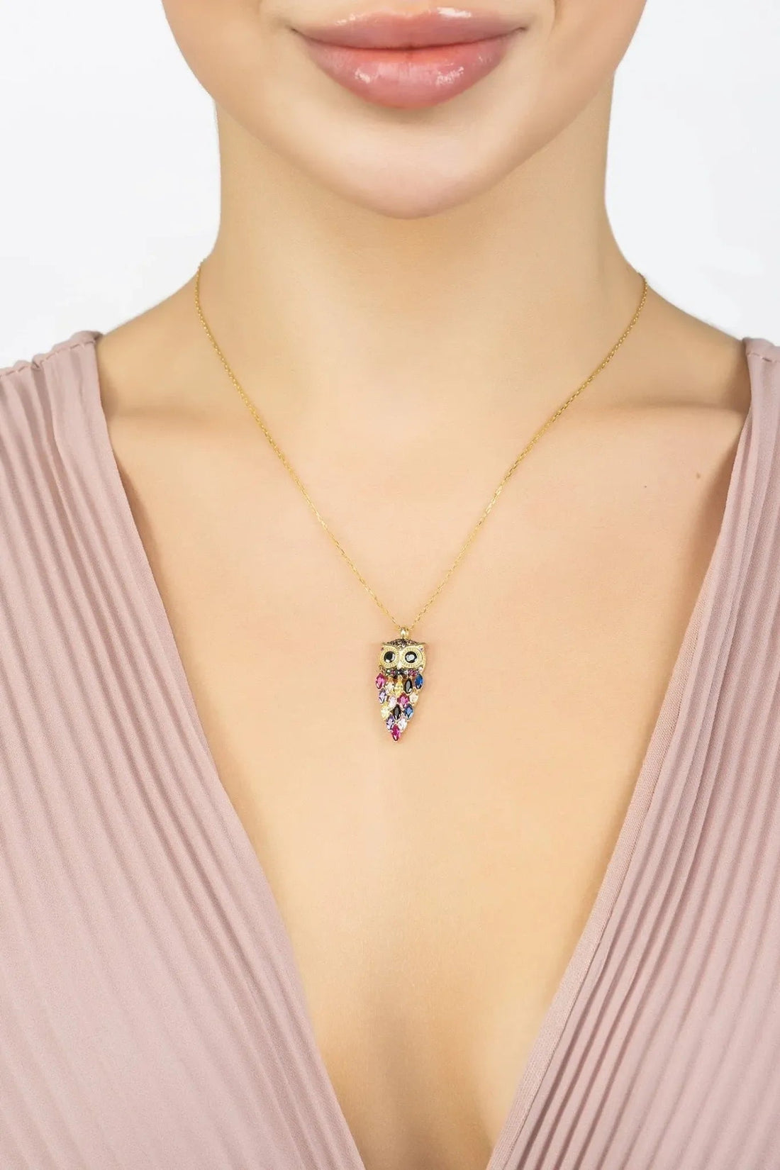 Owl Rainbow Pendant Necklace Gold-1