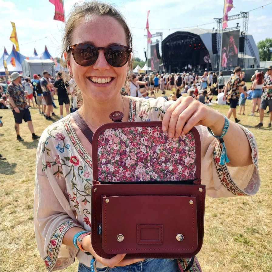 Floral Lined Leather Midi Satchel - Oxblood-1