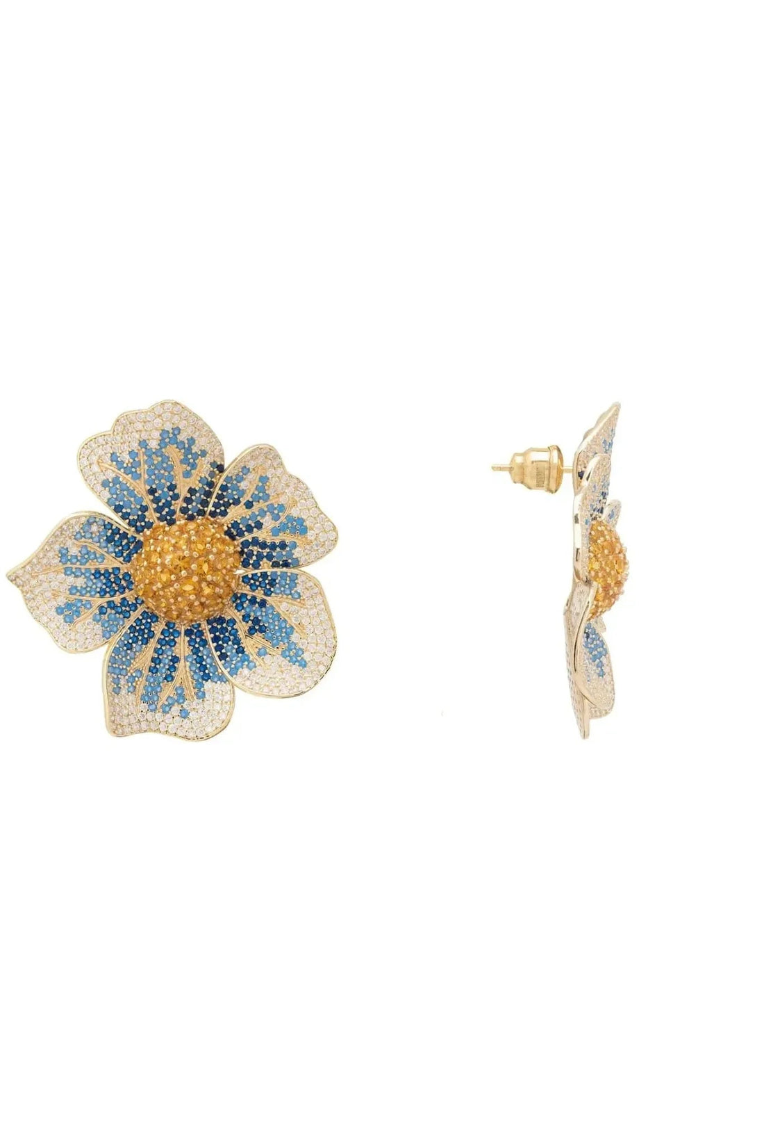 Pansy Flower Blue Earrings Gold-2