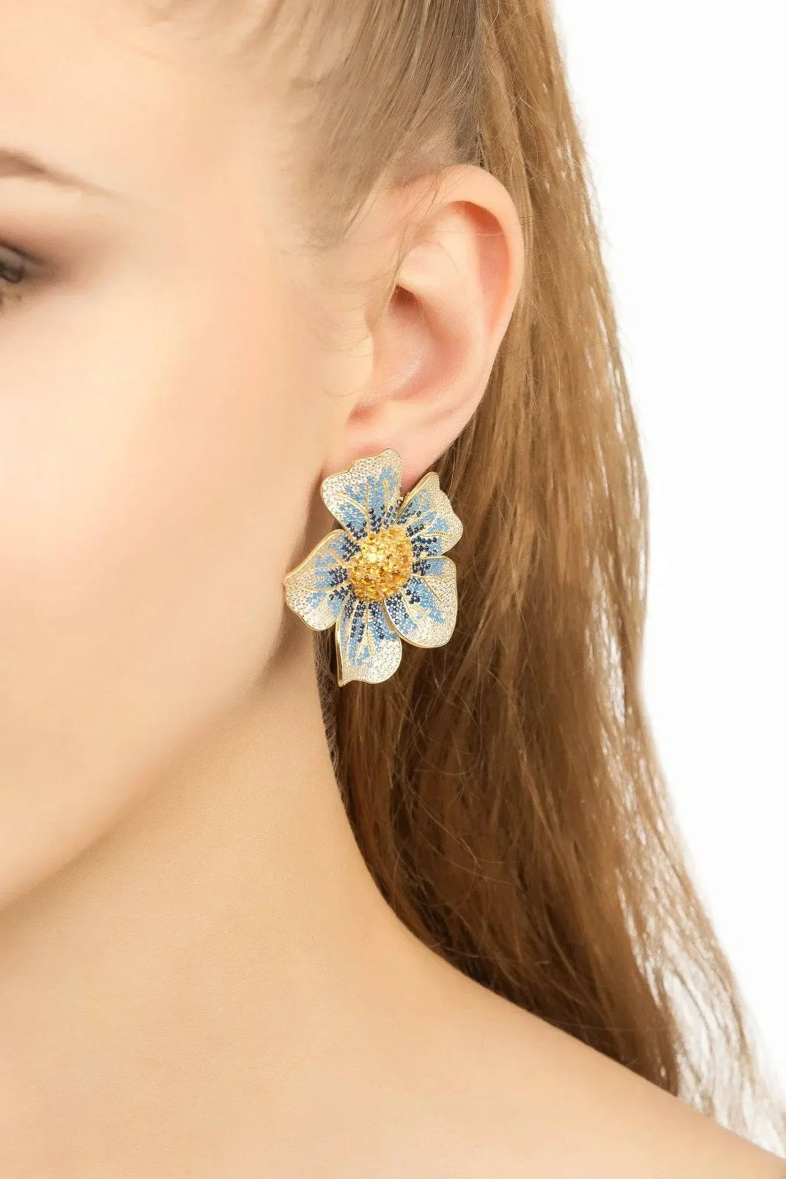 Pansy Flower Blue Earrings Gold-1