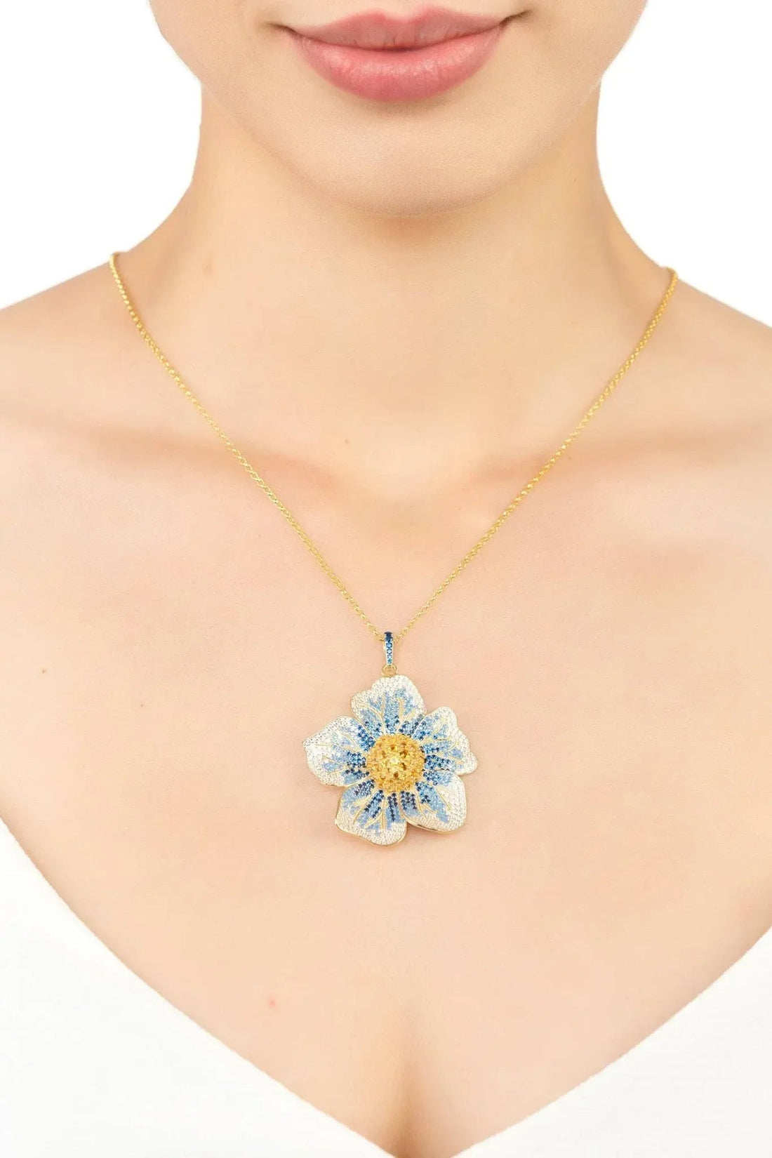 Pansy Flower Blue Necklace Gold-1