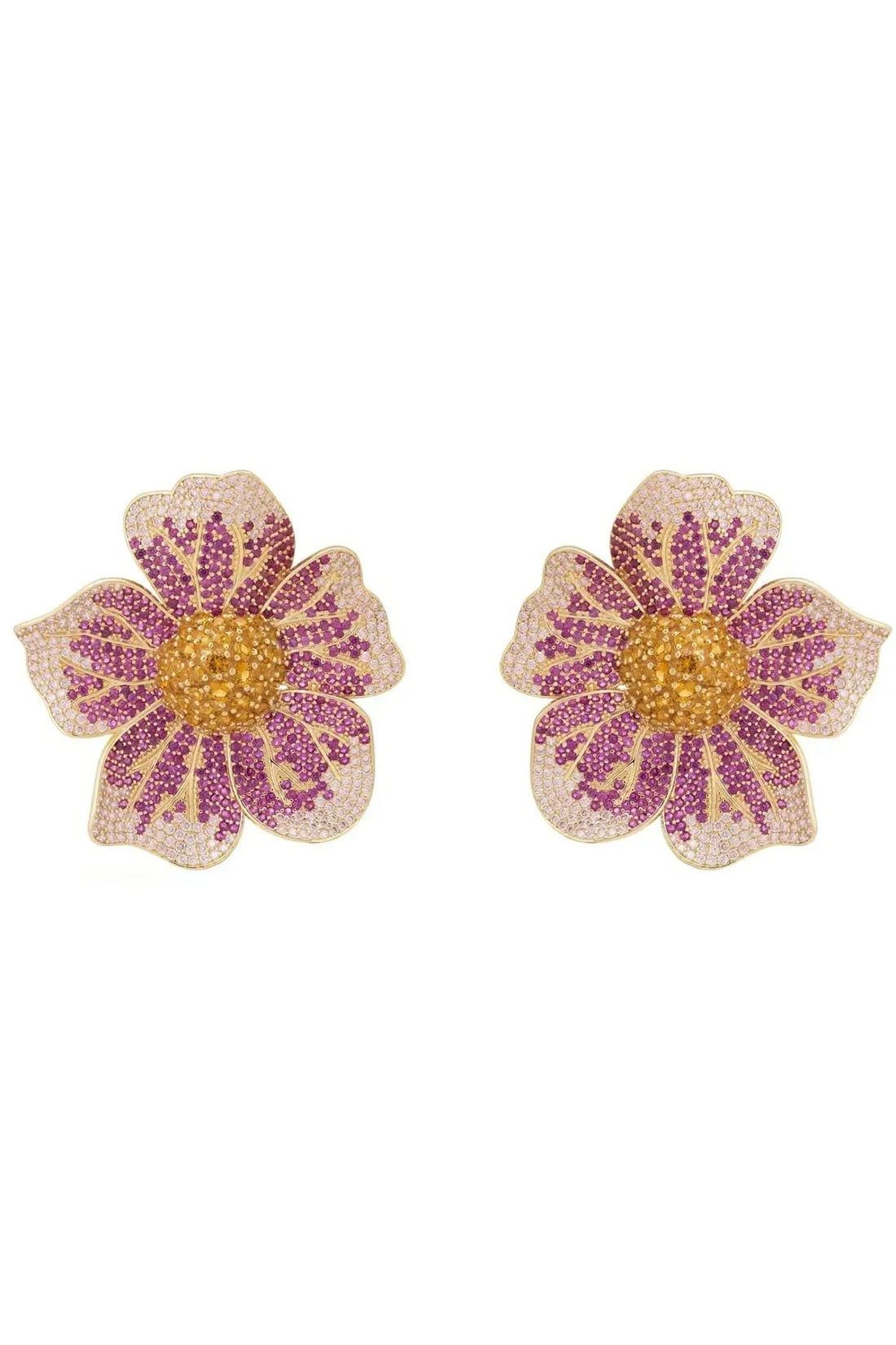 Beaded flower stud earrings with pink and purple petals and gold-tone posts.