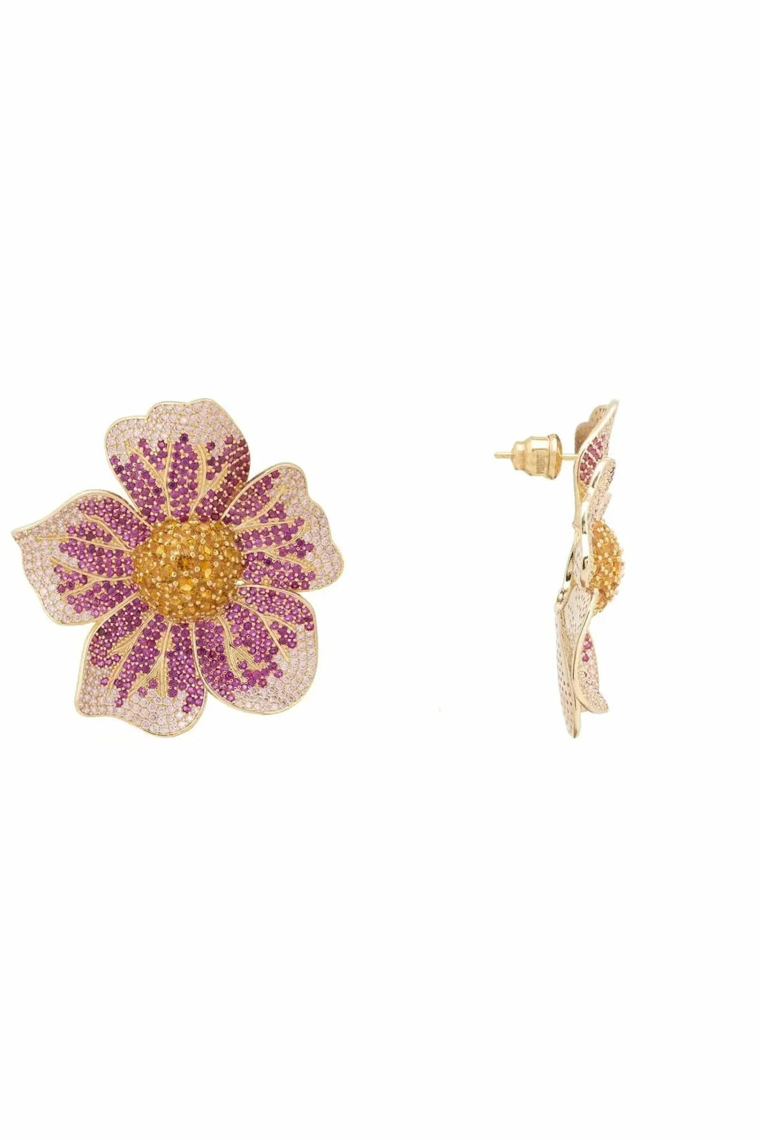 Beaded flower stud earrings with pink and purple petals, gold-tone posts and backs.