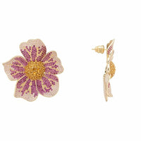 Beaded flower stud earrings with pink and purple petals, gold-tone posts and backs.