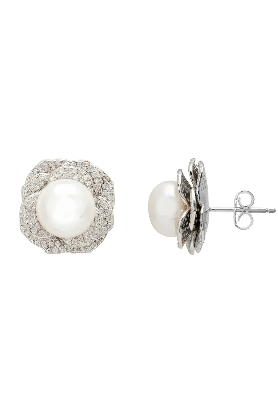 Pearl And Rose Petals Stud Earrings Silver-2