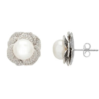 Pearl And Rose Petals Stud Earrings Silver-2