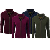 Women's fleece jacket with contrast piping in rose, maroon, navy, and forest green