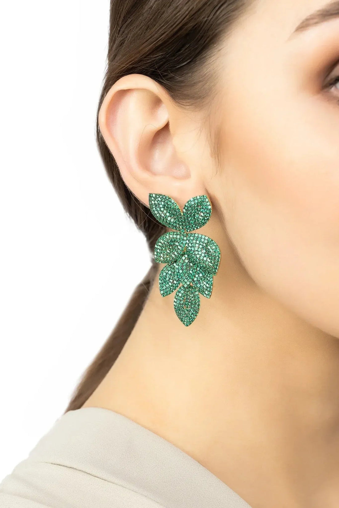 Petal Cascading Flower Earrings Gold Emerald Green-1
