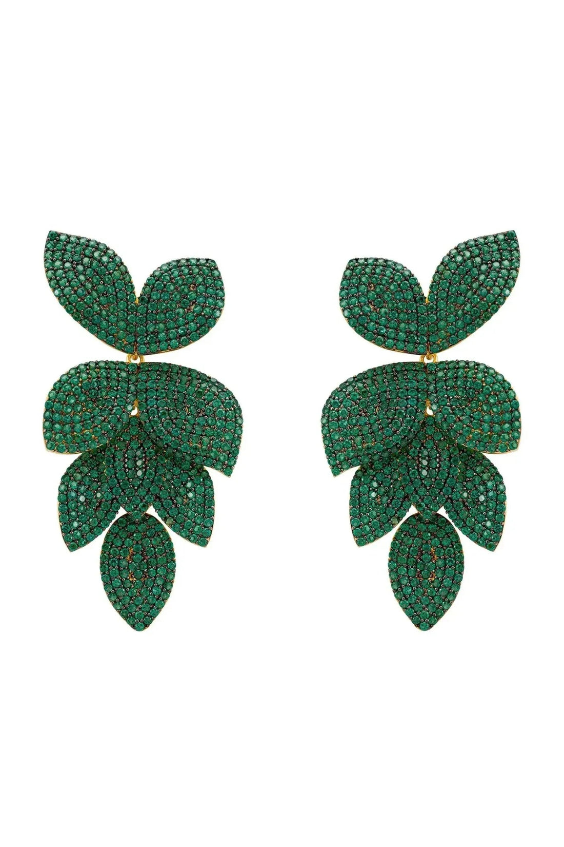 Petal Cascading Flower Earrings Gold Emerald Green-0