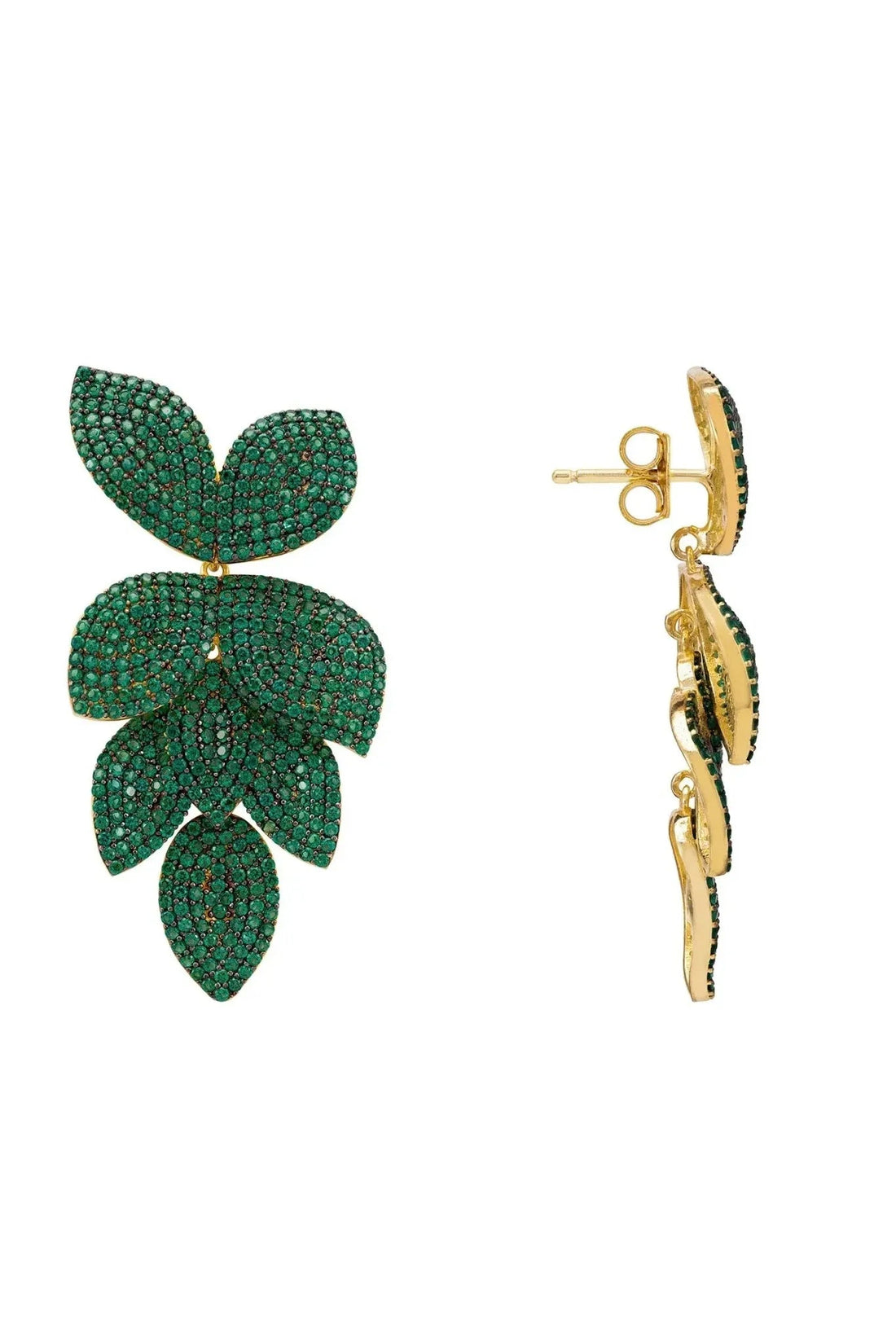 Petal Cascading Flower Earrings Gold Emerald Green-2