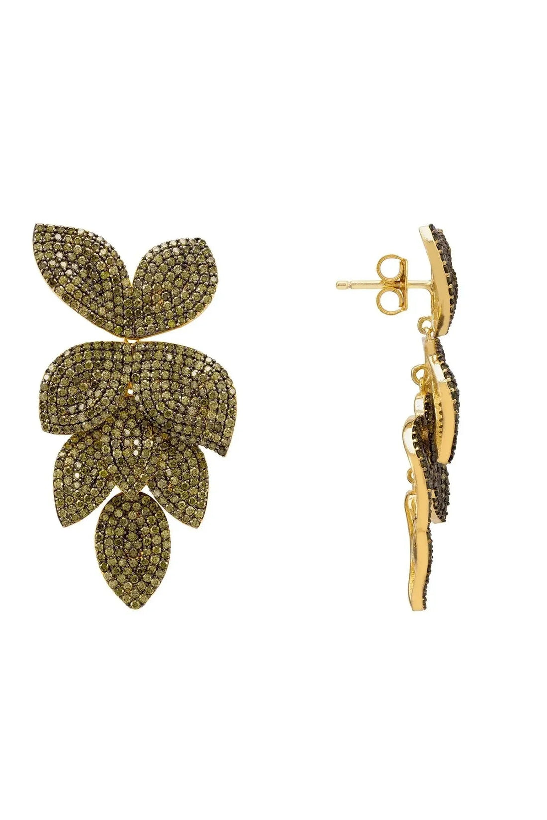 Gold-tone petal flower drop earrings with lever-back posts and green peridot CZ
